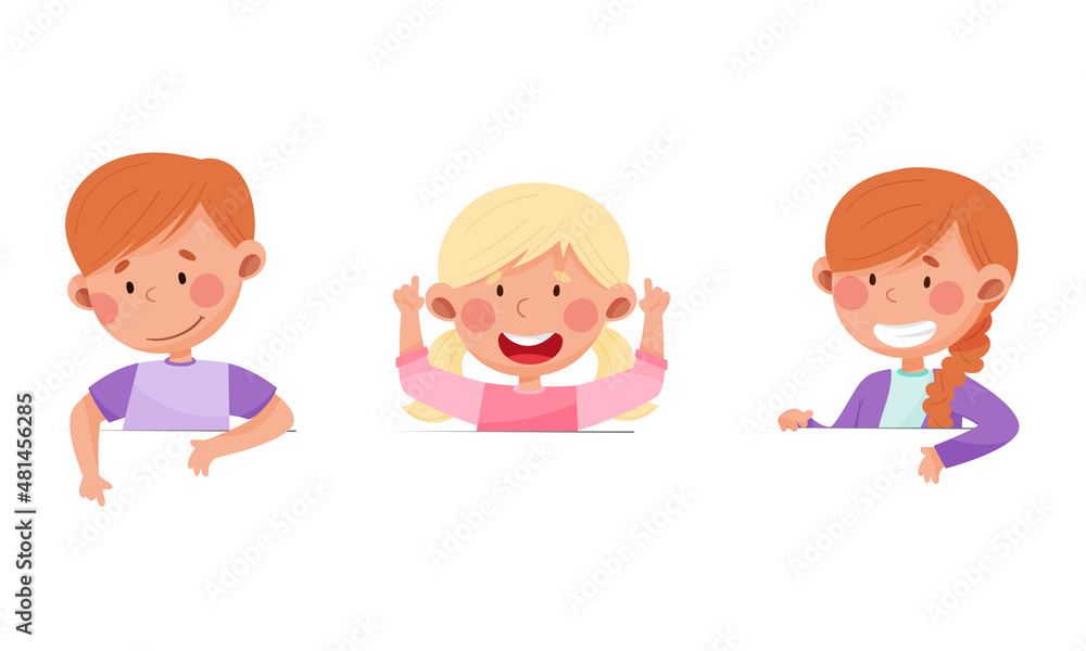 Happy kids peeking out from wall with copy space cartoon vector illustration Happy kids peeking out from wall with copy space cartoon vector illustration