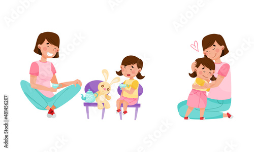 Mom and daughter spending time together set. They are playing and hugging cartoon vector illustration