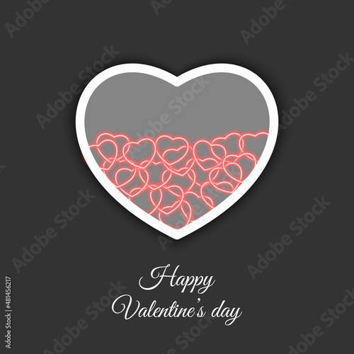 Happy Valentine's day banner. Transparent heart with red neon hearts on black matte background with lettering