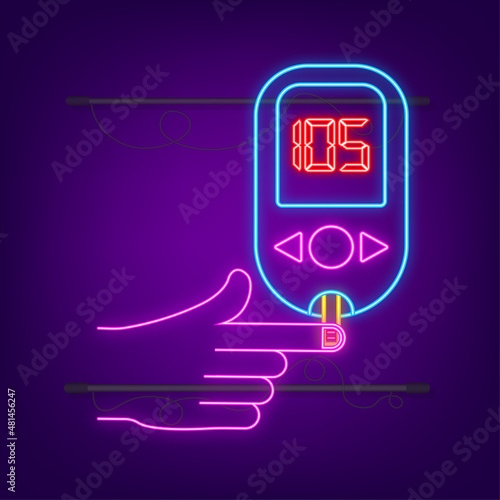 Blood glucose meter level neon test. Diabetes glucometer. Abstract concept graphic web banner element. Vector illustration.