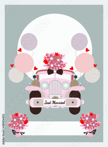 Wedding card retro style car gentle colors vector drawing.