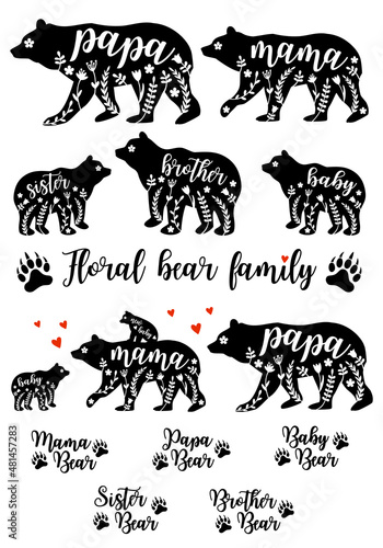 Mama bear, papa bear, baby bear, floral vector set