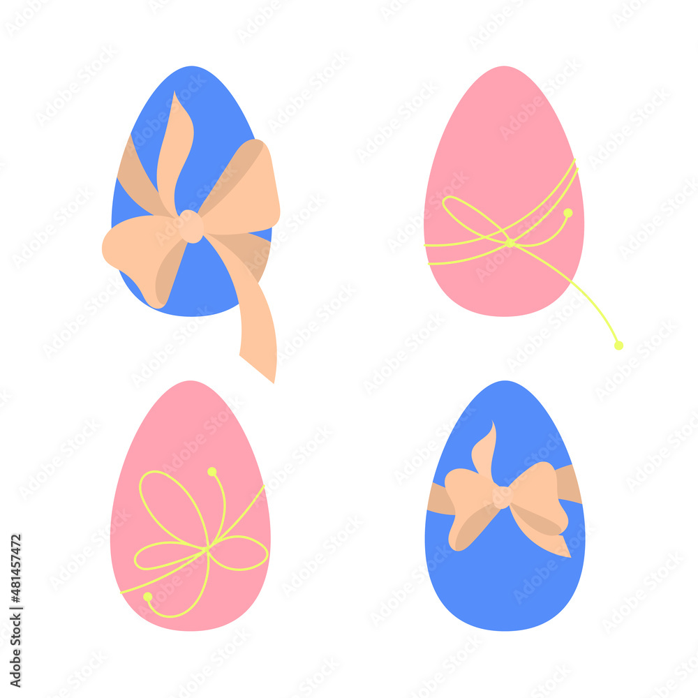 Set of easter eggs with bows. Flat vector elements for Easter greetings.