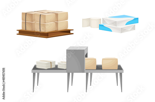 Old paper recycling set. Factory equipment for production of paper vector illustration