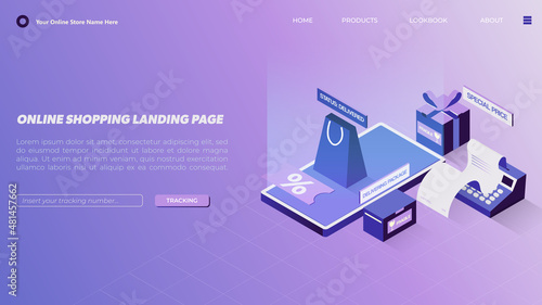 Online Shopping Landing Page in Isometric with Assortment of Packages and Shopping Bag