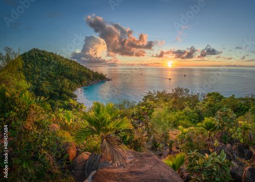 sunset at tropical beach anse georgette on praslin on the seyche