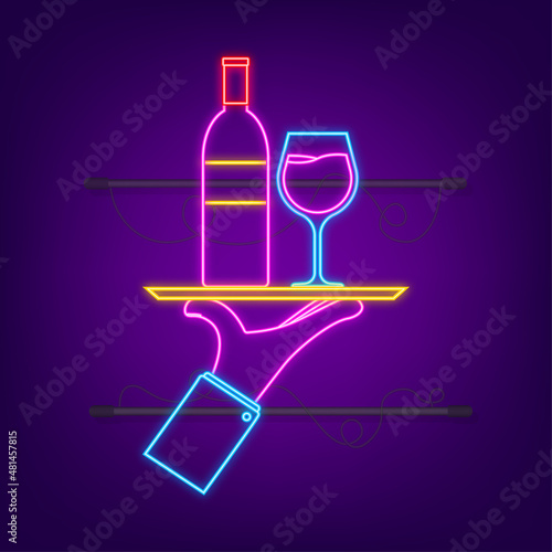 Wine waiter in flat style on red background. Neon style. Vector illustration, flat. Hand drawn illustration. Sketch drawing. Vector wine glass icon.