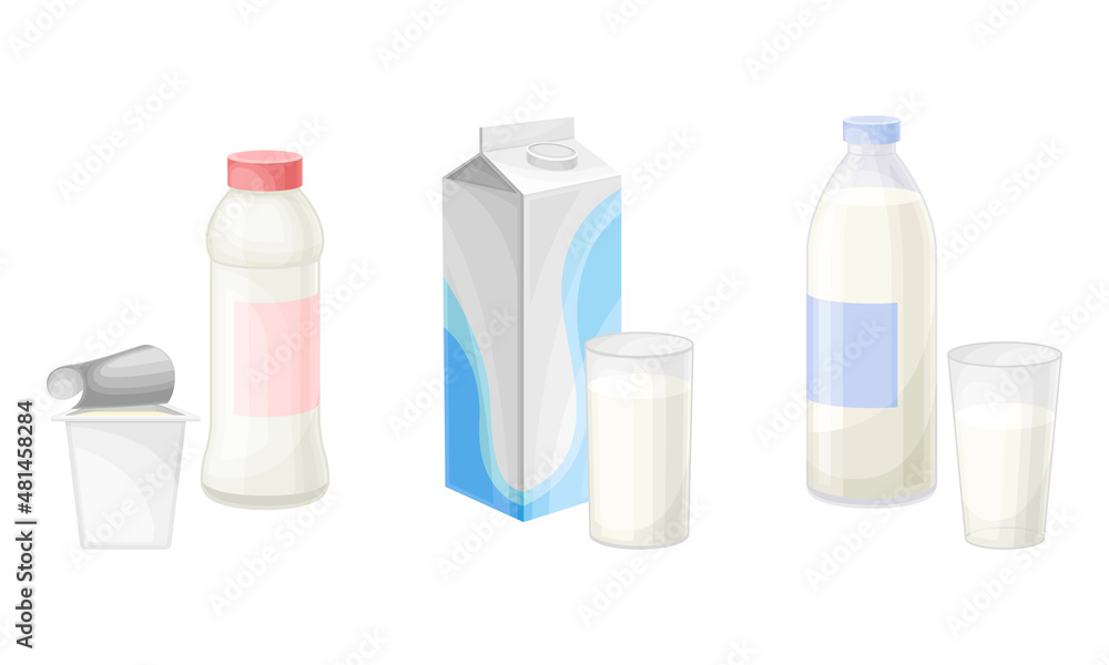 Dairy products set. Packages with milk and yoghurt vector illustration Dairy products set. Packages with milk and yoghurt vector illustration
