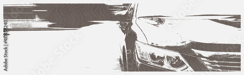 Car cloth up sketch. Print for poster or t-shirt. Isolated on white background. Sketch car bonnet. Paper, art vehicle. Graphic element. Club background. Grunge version. Halftone template.