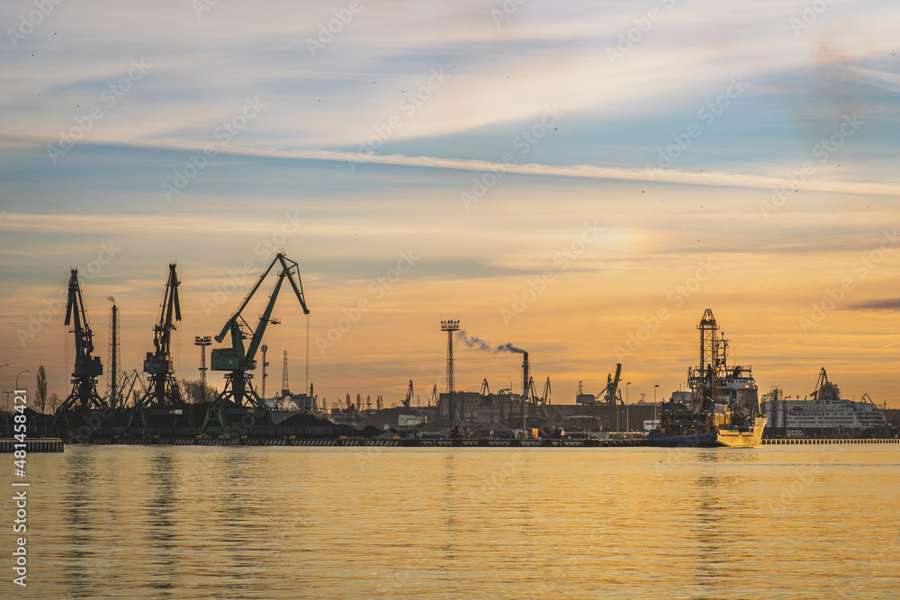 Amazing view of the shipyard in Gdansk during the sunset. View from Nowy Port.