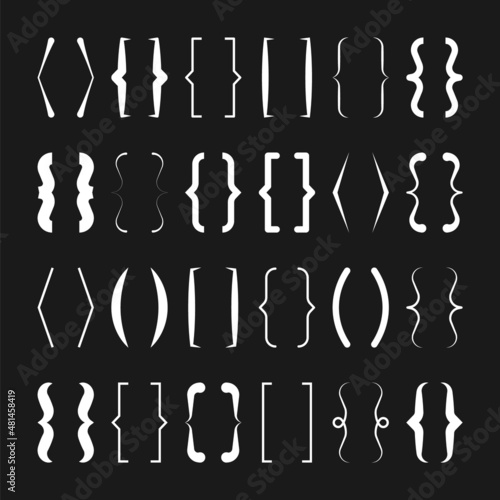Text brackets collection, white quotation box. Curly, square and corner parentheses. Vintage typographical symbol, calligraphic quote frame. Doodle, lettering element. Vector illustration.