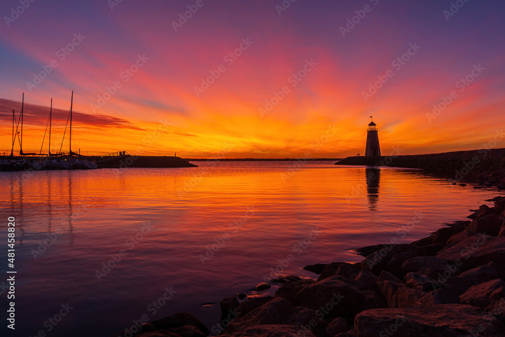 Sunset beautiful landscape of the Lake Hefner lighthouse