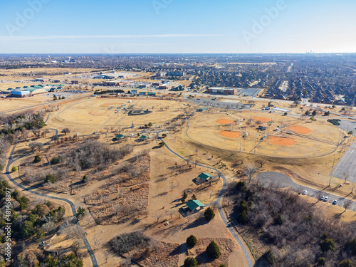 Aerial view of the baseball field around Mitch Park