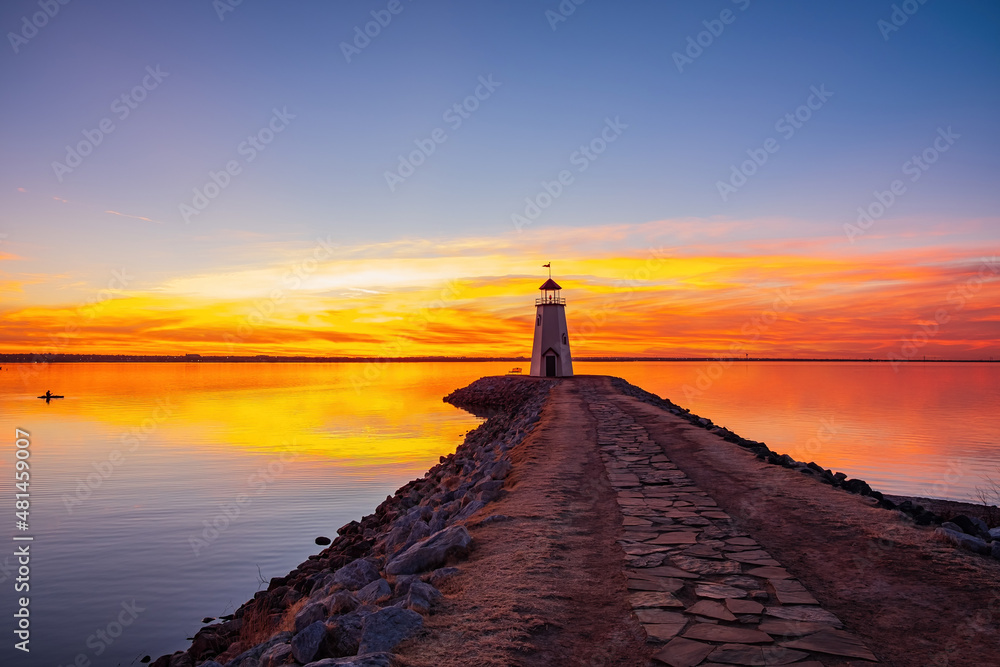Sunset beautiful landscape of the Lake Hefner lighthouse