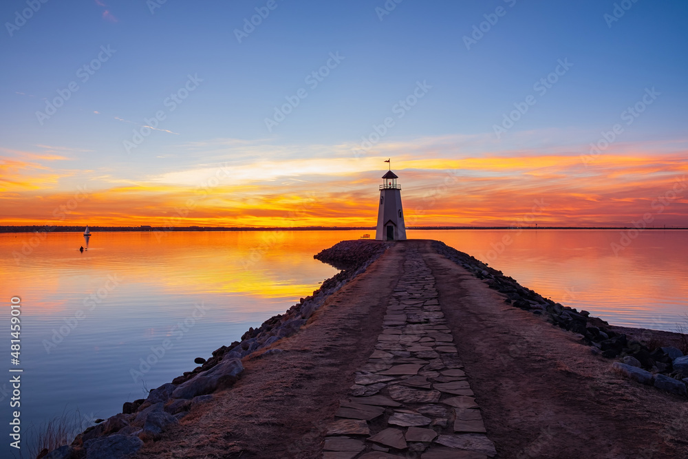Sunset beautiful landscape of the Lake Hefner lighthouse
