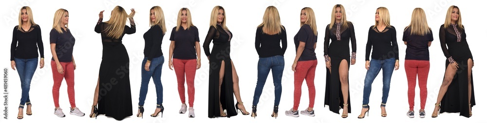 line of the same woman dressed in different outfits on white background line of the same woman dressed in different outfits on white background