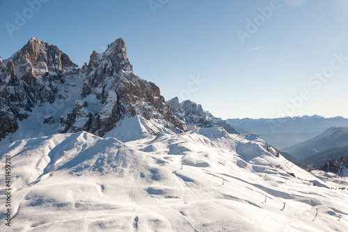 Rolle pass winter view, San martino di Castrozza, Italy. Cimon della Pala peak view.