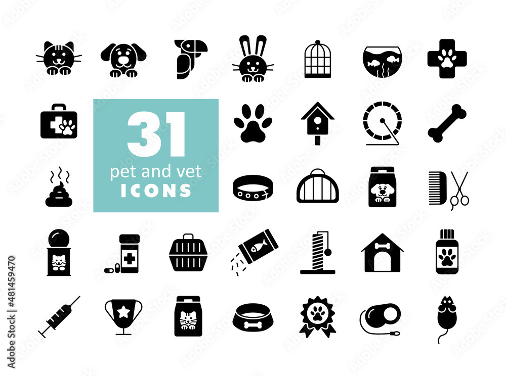 Pet and vet vector glyph icon set Pet and vet vector glyph icon set