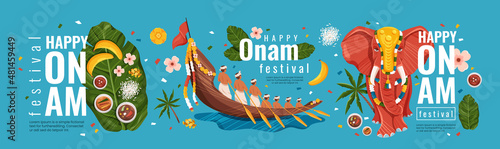 Happy Onam Festival concept. Colorful vertical banner with elephant, boat with Indians, traditional food on leaf and inscriptions. Design element for greeting cards. Cartoon flat vector collection