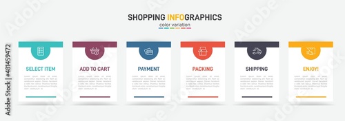 Concept of shopping process with 6 successive steps. Six colorful graphic elements. Timeline design for brochure, presentation, web site. Infographic design layout.