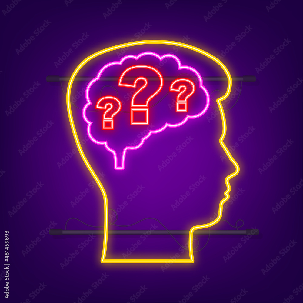 Silhouette head illustration with question sign. Neon style. Vector illustration.