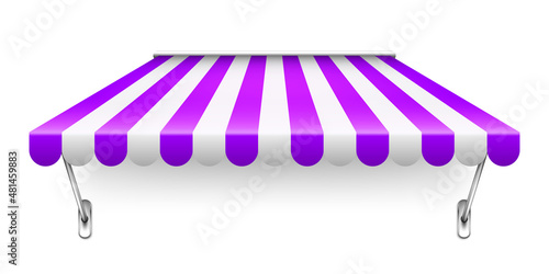 Shop sunshade with metal mount. Realistic purple striped cafe awning. Outdoor market tent. Roof canopy. Summer street store. Vector illustration.