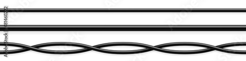 Flexible cables collection. Black electrical wire. Realistic power or network cable. Vector illustration.