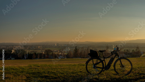 Ebike with sunset light over Ceske Budejovice city in south Bohemia