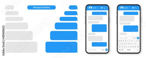 Realistic smartphone with messaging app. Blank SMS text frame. Conversation chat screen with blue message bubbles. Social media application. Vector illustration.