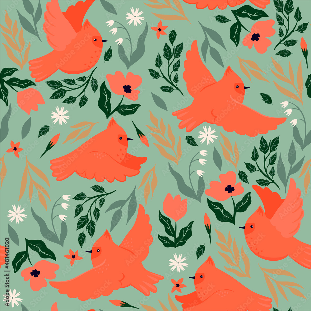 Seamless pattern of red cardinal birds and flowers. Vector graphics.