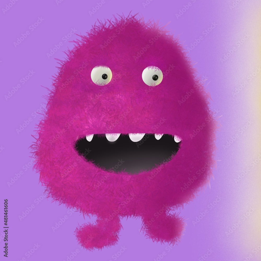 pink fuzzy monster cartoon smile comic