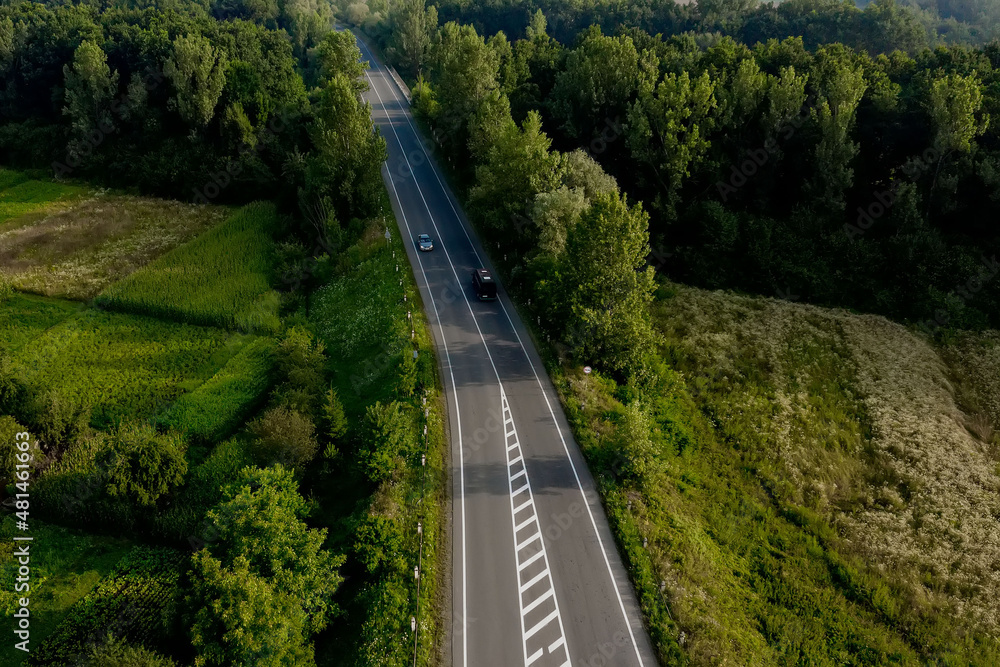 Aerial view of cars driving along the empty roadriding along trees and fields on sunny morning.Travelling, car rental, insurance concept Aerial view of cars driving along the empty roadriding along trees and fields on sunny morning.Travelling, car rental, insurance concept