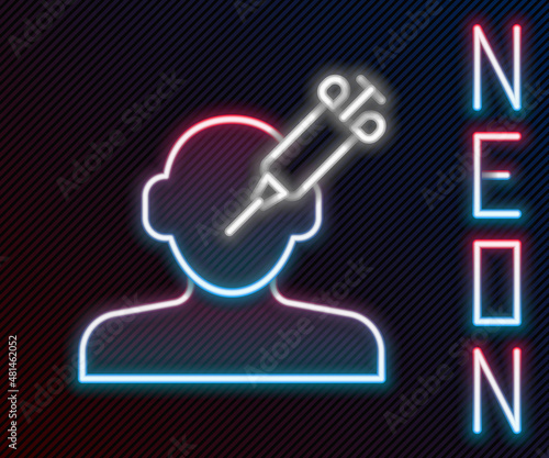 Glowing neon line Addiction to the drug icon isolated on black background. Heroin, narcotic, addiction, illegal. Sick junkie with a syringe and medical pills. Colorful outline concept. Vector