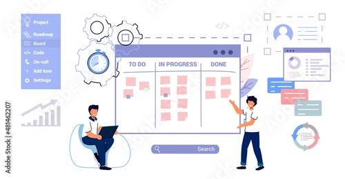 Scrum task board Agile organizer with people sticking papers on it Analyzing process of software development Flat style isolated vector illustration Whiteboard and process teamwork Scheme methodology