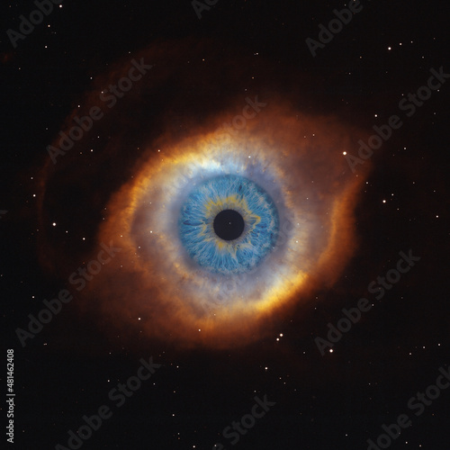 Helix Nebula NGC 7293. Illustration of human eye, the eye of god. Elements of this photo furnished by NASA. 3d rendering.
