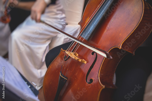 Foto Concert view of a contrabass violoncello player with vocalist and musical band d