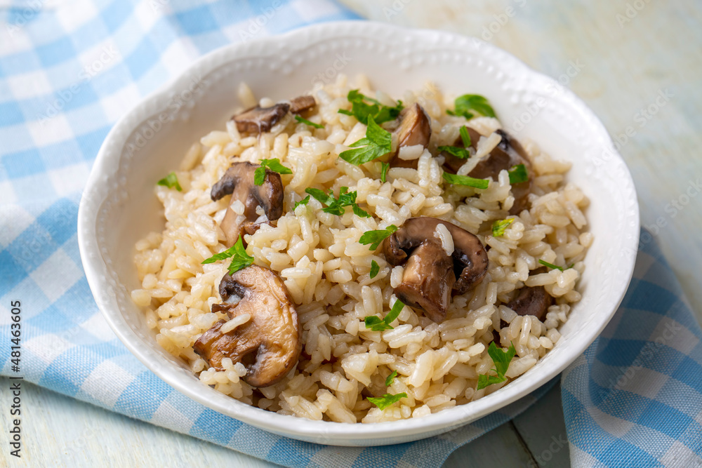 Mushroom rice pilaf, Turkish name; Mantarli pirinc pilavi Mushroom rice pilaf, Turkish name; Mantarli pirinc pilavi