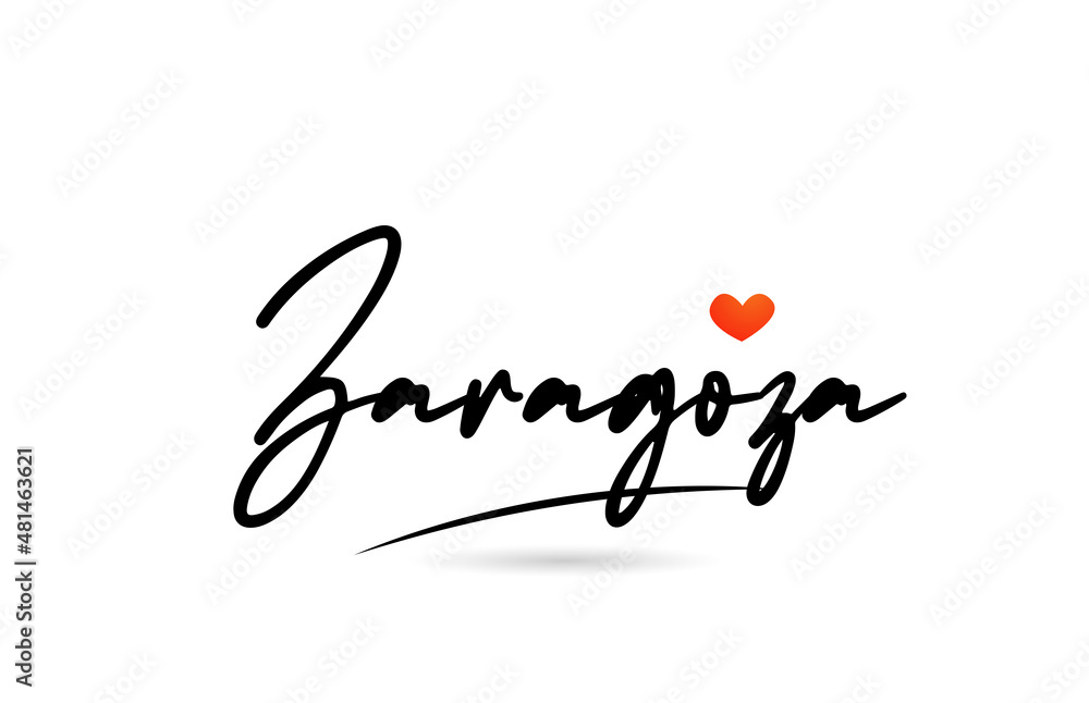 Zaragoza city text with red love heart design.  Typography handwritten design icon