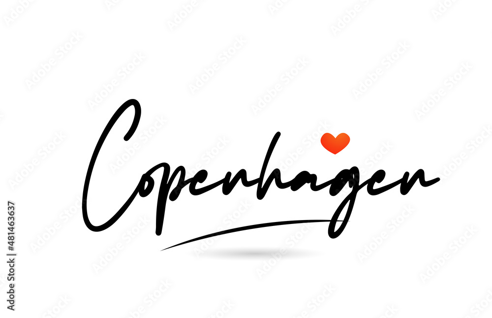 Copenhagen city text with red love heart design.  Typography handwritten design icon