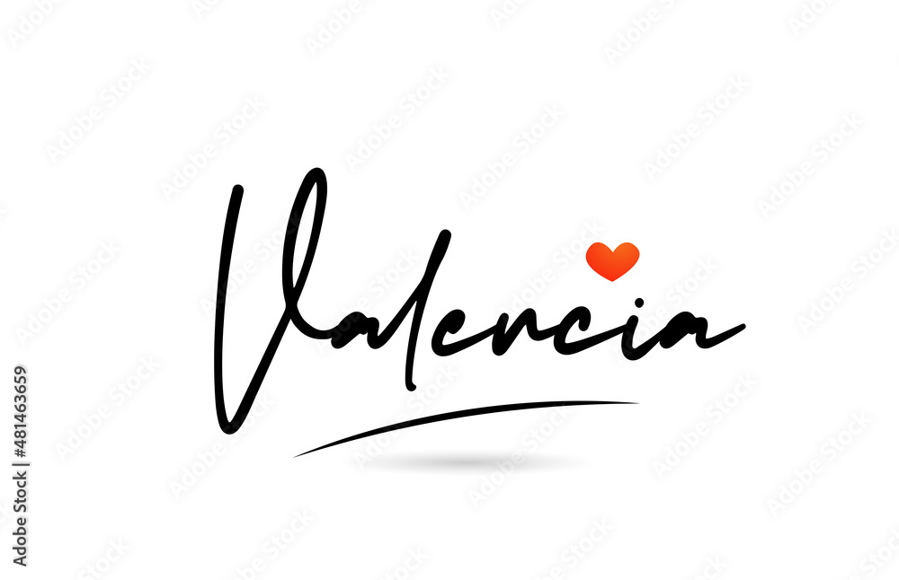 Valencia city text with red love heart design. Typography handwritten design icon Valencia city text with red love heart design. Typography handwritten design icon