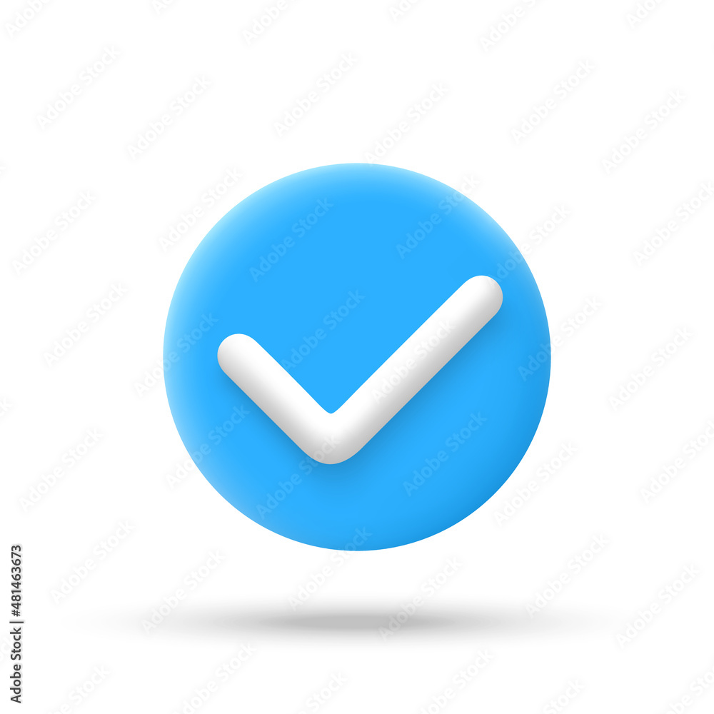 Check mark round blue icon in 3d cartoon minimal style. Vector illustration. Check mark round blue icon in 3d cartoon minimal style. Vector illustration.
