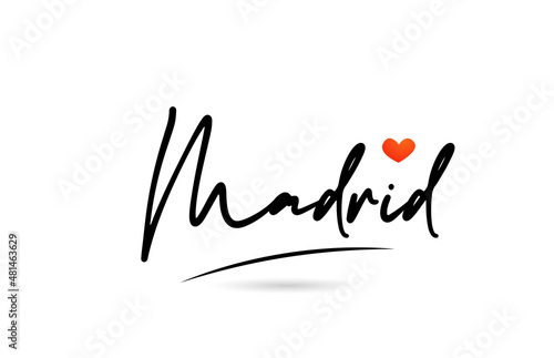 Madrid city text with red love heart design.  Typography handwritten design icon