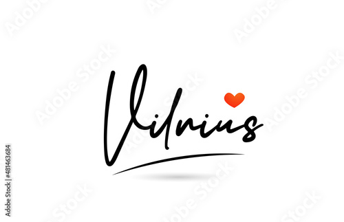 Vilnius city text with red love heart design.  Typography handwritten design icon
