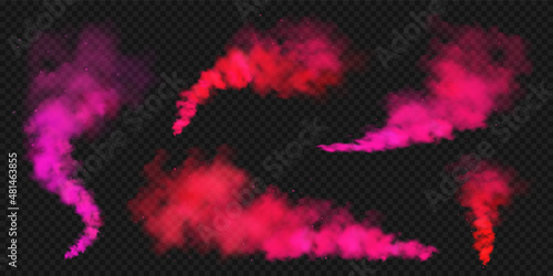 Realistic red colorful smoke clouds, mist effect. Colored fog on dark background. Vapor in air, steam flow. Vector illustration.