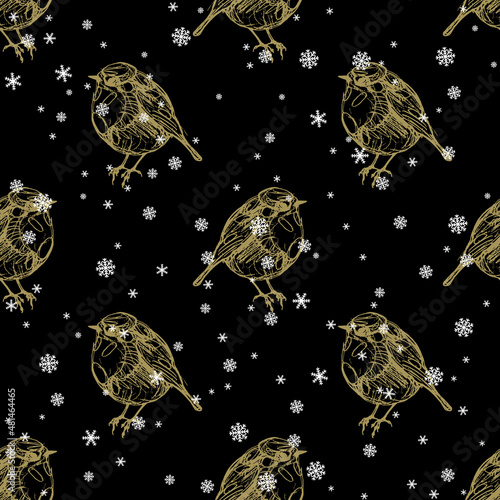 Seamless animal pattern with silhouettes of European robin or redbreast bird and snowflakes. Seasonal winter Christmas design. Erithacus rubecula.	