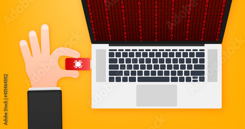 Computer virus on usb flash card in hands. Virus protection. Vector stock illustration.