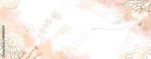 Luxurious golden wallpaper. Banner with roses.. Watercolor pink, spots on a white background. Brilliant flowers and twigs. vector file
