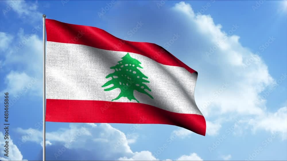 Flag of Lebanon against background of clouds floating on the blue sky