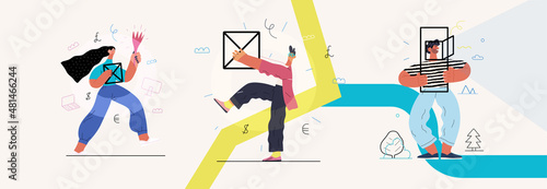 Startup illustrations set. Flat line vector modern concept illustration of people, startup metaphor. Concept of building new business, planning, strategy, teamwork and management. Company processes