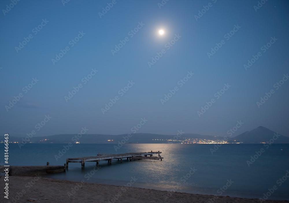 Holidays in Greece. Full moon, Gialova Lagoon, peloponnese